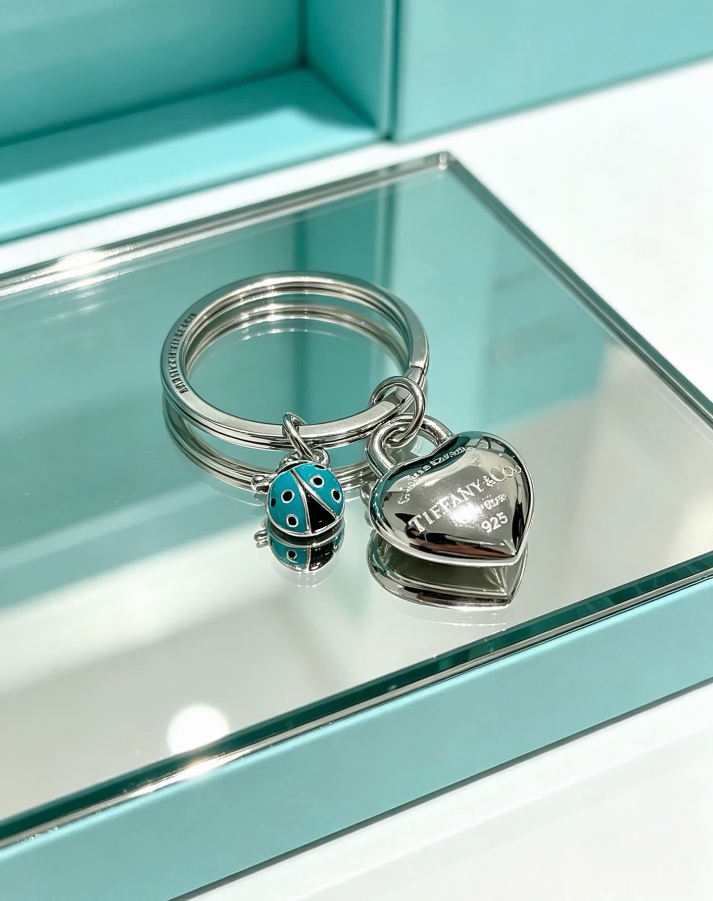 Tiffany & Co. Blue Enamel Ladybug and Heart Key Ring